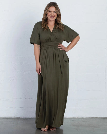 Elegant Plus Size A-Line V-Neck Flutter Sleeve Closed Back Long Mother of the Bride Dress