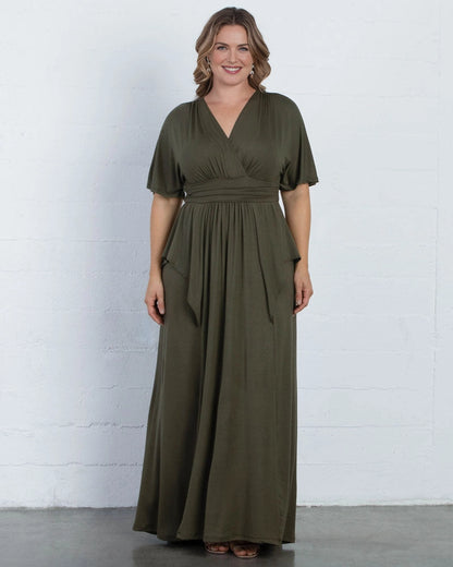 Plus size dark olive green mother of the bride dress with surplice V-neckline, flutter sleeves, ruched empire waist and flowing floor-length A-line skirt.