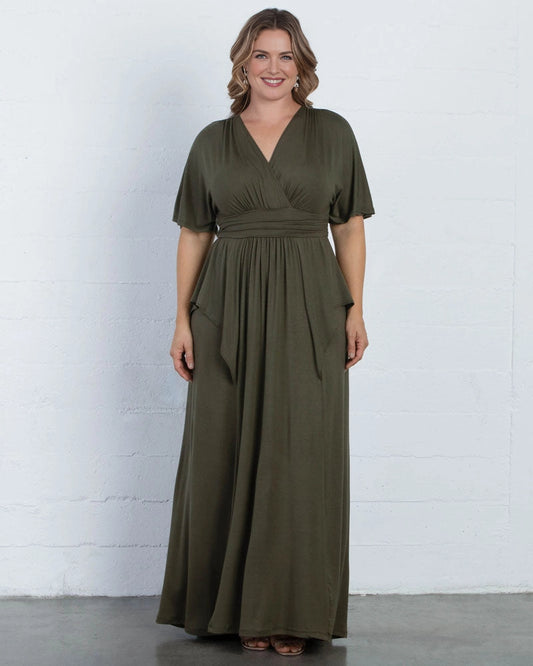 Plus size dark olive green mother of the bride dress with surplice V-neckline, flutter sleeves, ruched empire waist and flowing floor-length A-line skirt.
