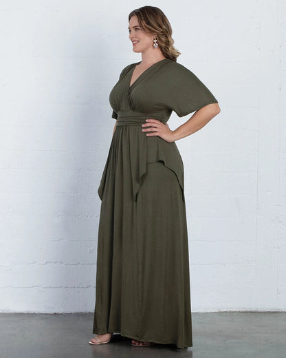 Elegant Plus Size A-Line V-Neck Flutter Sleeve Closed Back Long Mother of the Bride Dress