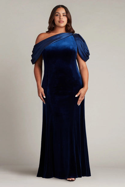 Royal blue plus size velvet wedding guest dress with asymmetric neckline, draped shoulder sleeves and floor-length sheath silhouette by roselledress