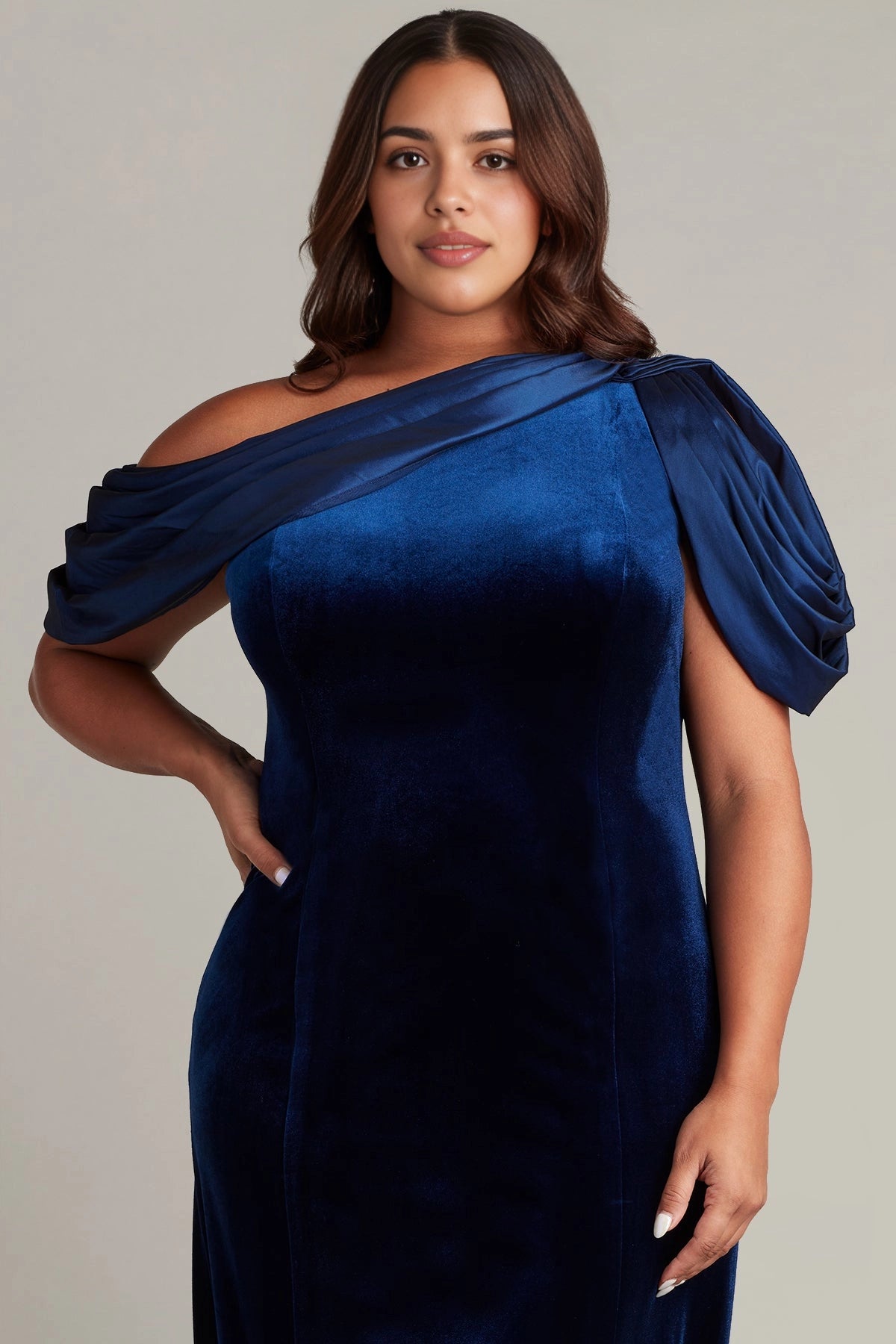 Plus Size Elegant Sheath Asymmetric Neck Draped Sleeve Back Maxi Wedding Guest Dress