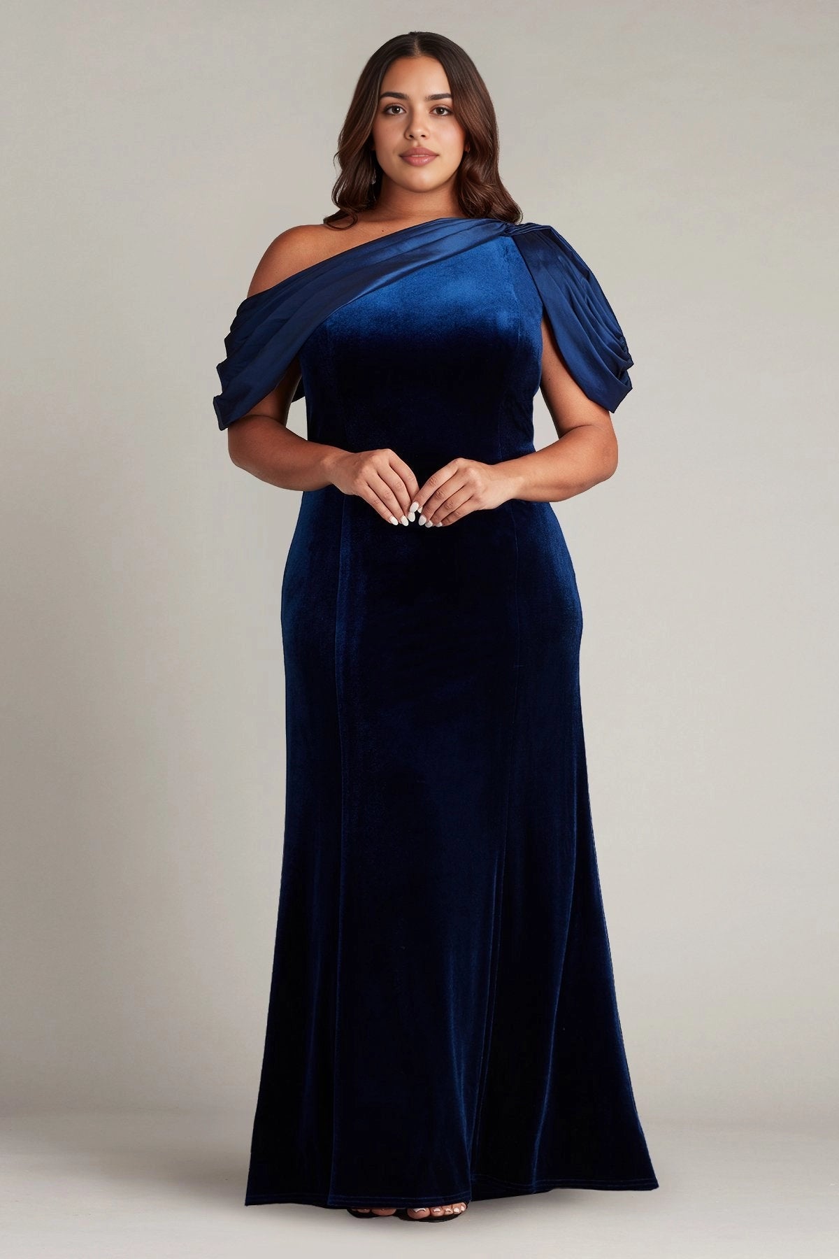 Plus Size Elegant Sheath Asymmetric Neck Draped Sleeve Back Maxi Wedding Guest Dress