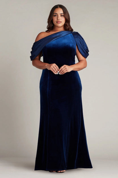 Plus Size Elegant Sheath Asymmetric Neck Draped Sleeve Back Maxi Wedding Guest Dress
