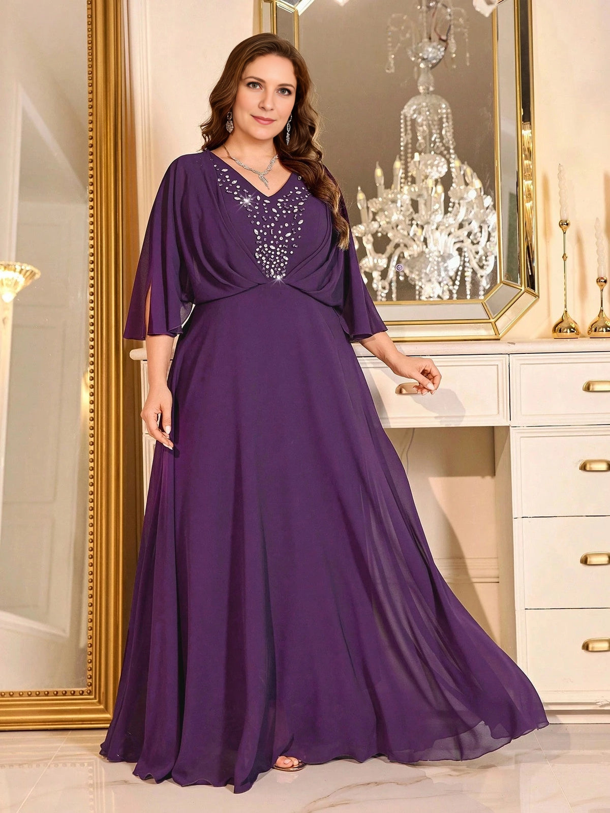 Purple plus size mother of the bride dress with beaded V-neck and flutter sleeves