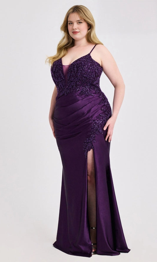 Purple plus size V-neck satin mermaid evening dress with beaded lace bodice and high slit
