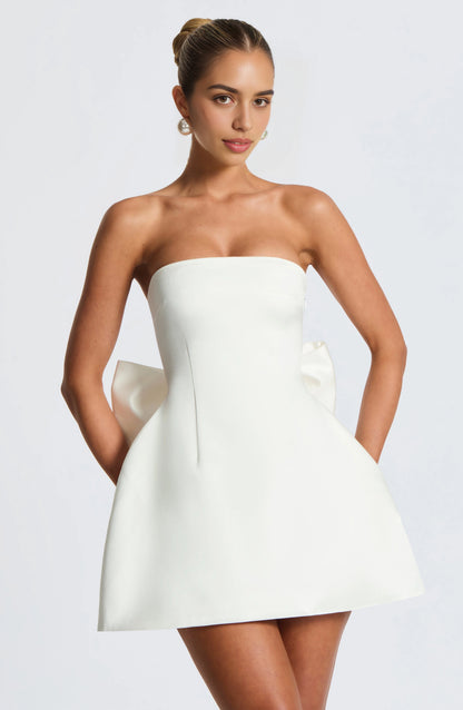 White Fit Flare Strapless Sleeveless Lace Up Back Mini Homecoming Dress