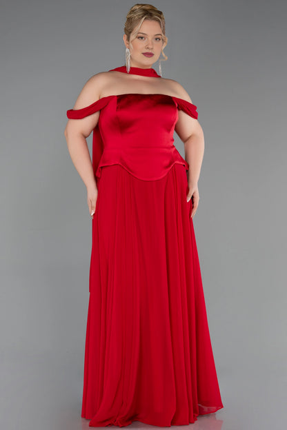 Red plus size A-line wedding guest dress with off-shoulder sleeves and floor-length skirt