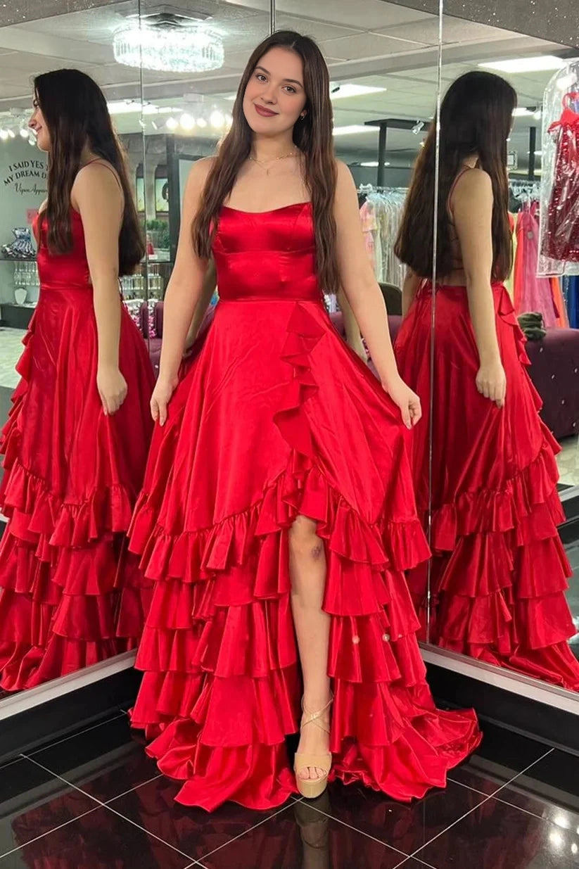 Red satin tiered ruffle spaghetti strap straight neck long prom dress front view