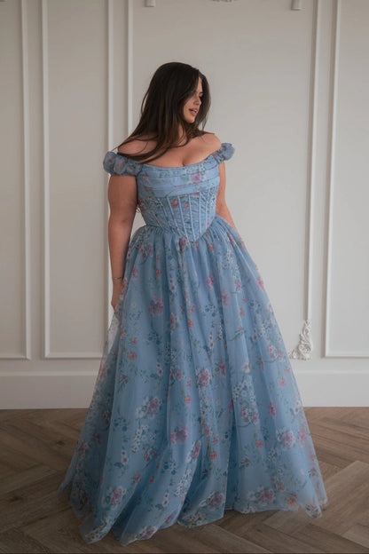 Romantic A-line off shoulder corset long Prom Dress with floral detailing