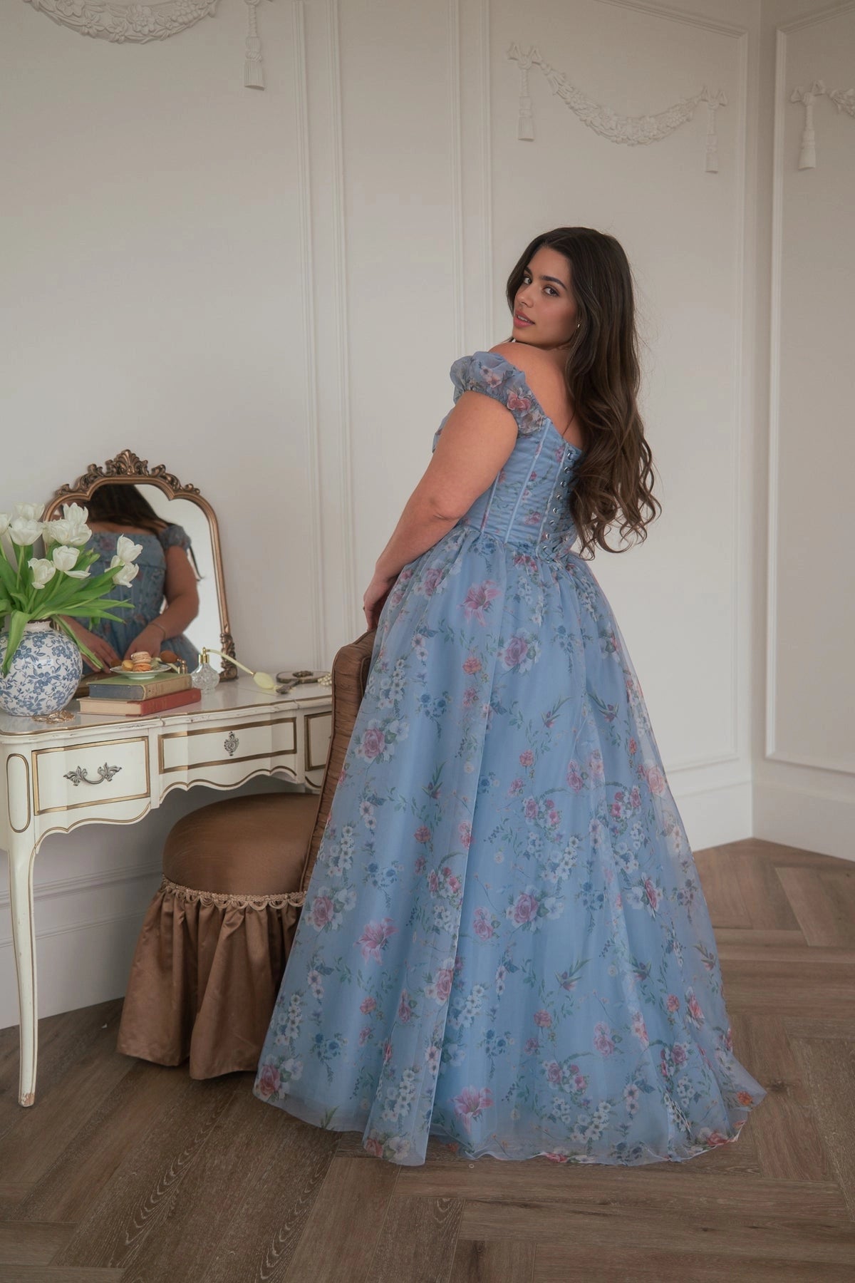 A-line long Prom Dress with lace-up corset back and floral detailing