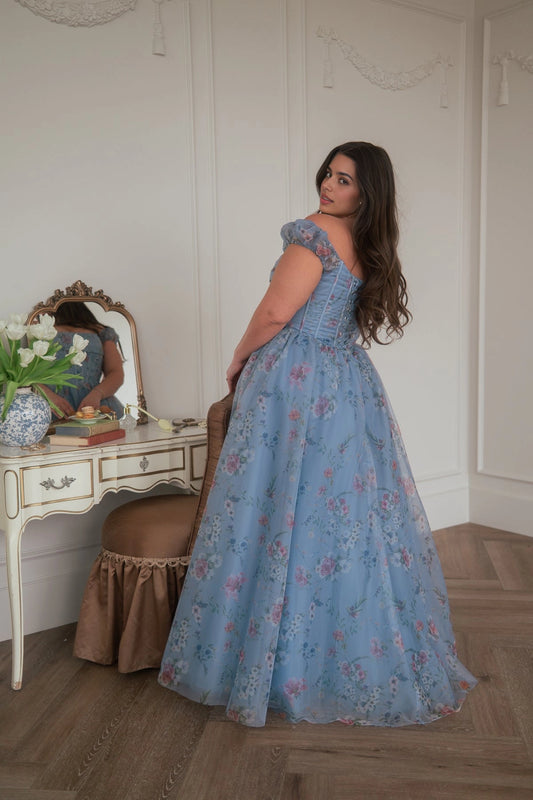 A-line long Prom Dress with lace-up corset back and floral detailing