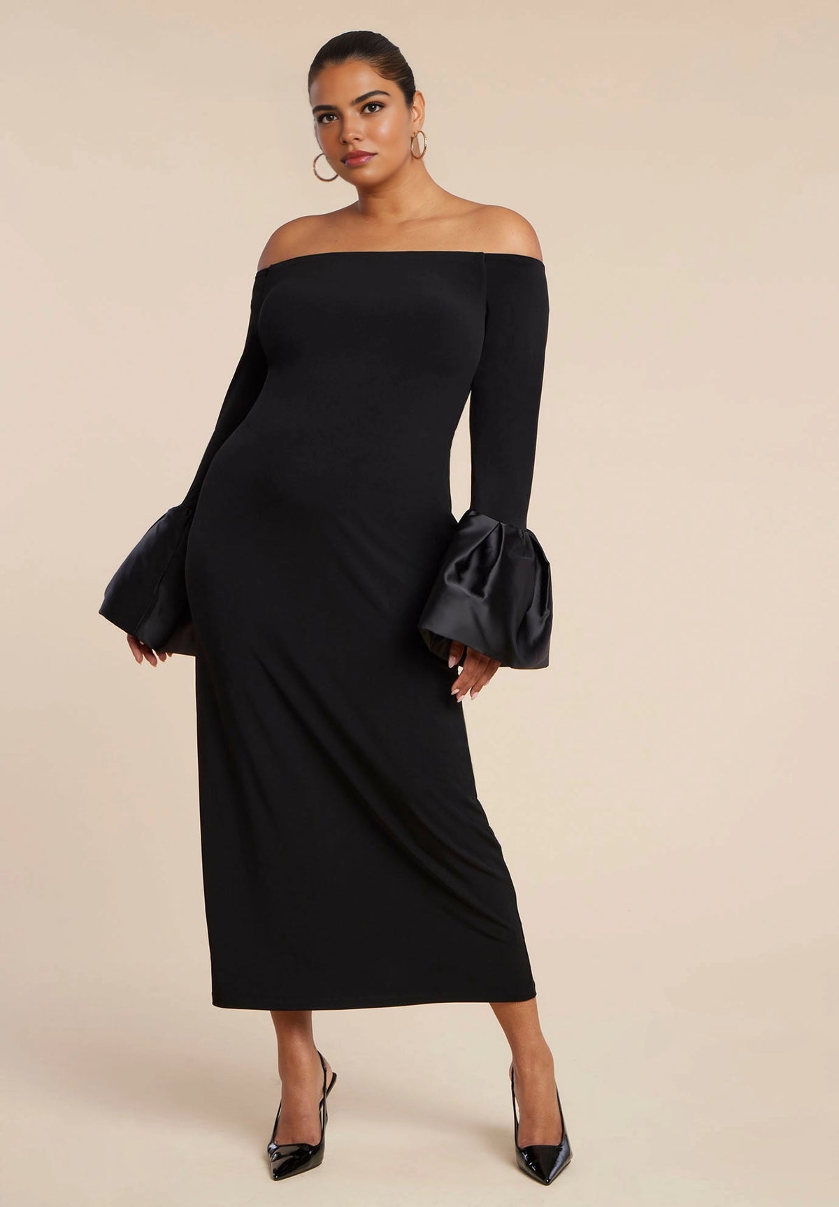 roselledress black plus size off-shoulder bodycon midi dress with satin bell sleeves wedding guest outfit front view