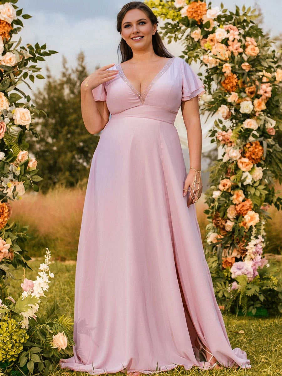Roselledress blush pink plus size deep v-neck flutter sleeve a-line maxi bridesmaid dress with side slit