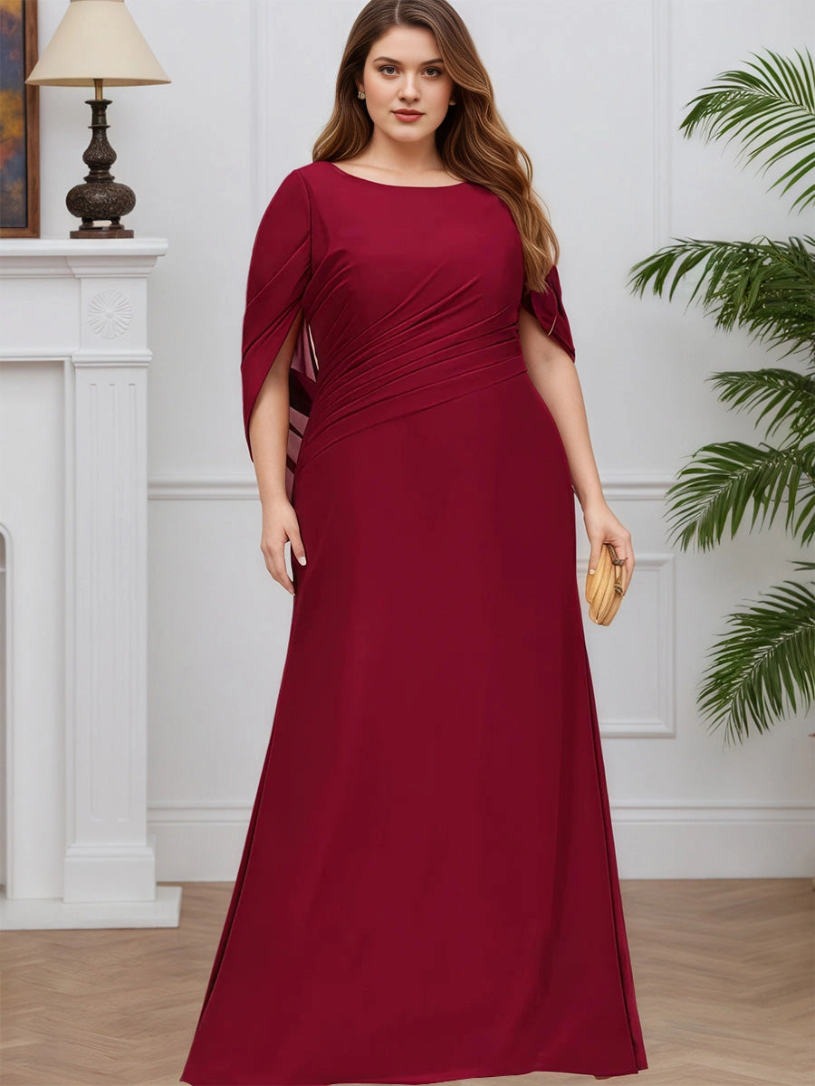 RoselleDress burgundy chiffon plus size a-line mother of bride dress boat neck cape sleeve ruched waist maxi gown front view