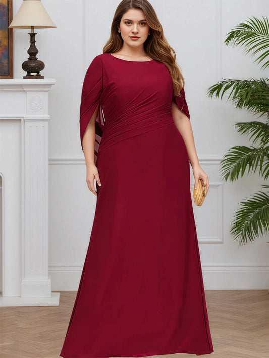 RoselleDress burgundy chiffon plus size a-line mother of bride dress boat neck cape sleeve ruched waist maxi gown front view