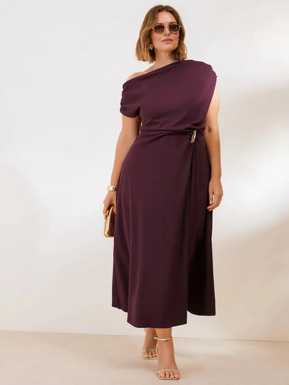 Roselledress burgundy plus size one-shoulder draped A-line midi wedding guest dress with twist waist buckle