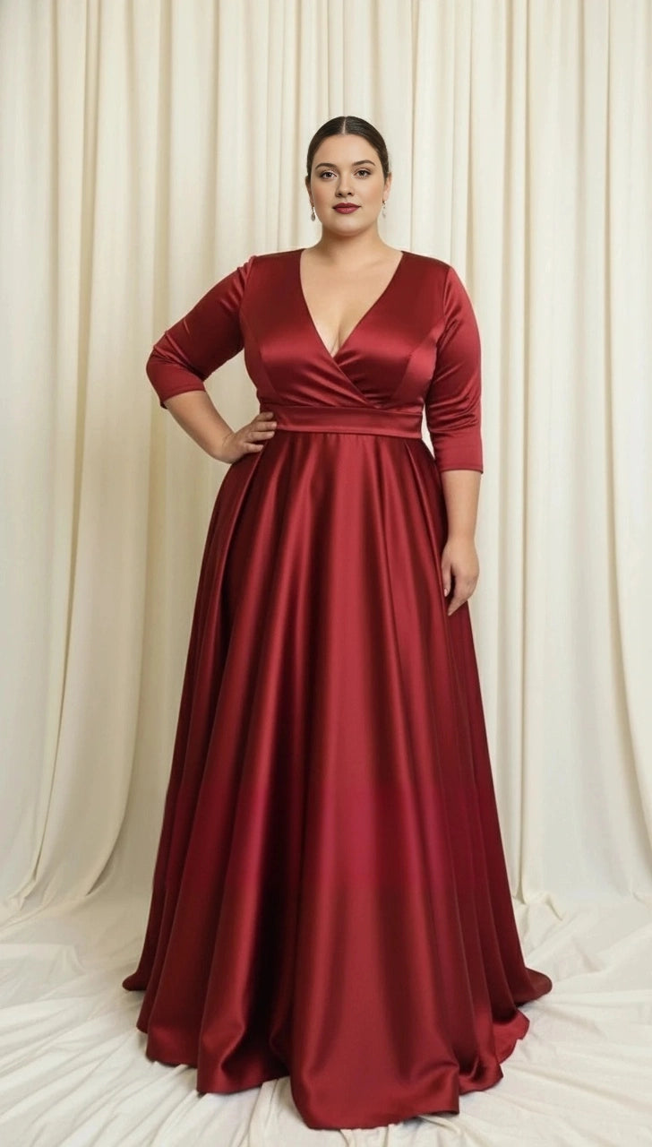 Front view of burgundy satin V-neck three-quarter sleeve long wedding guest dress by roselledress