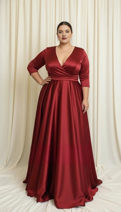 Front view of burgundy satin V-neck three-quarter sleeve long wedding guest dress by roselledress