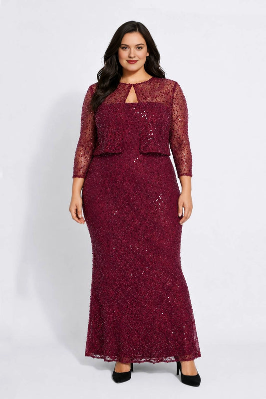 Front view of burgundy sequin lace keyhole neck mother of the bride dress by roselledress