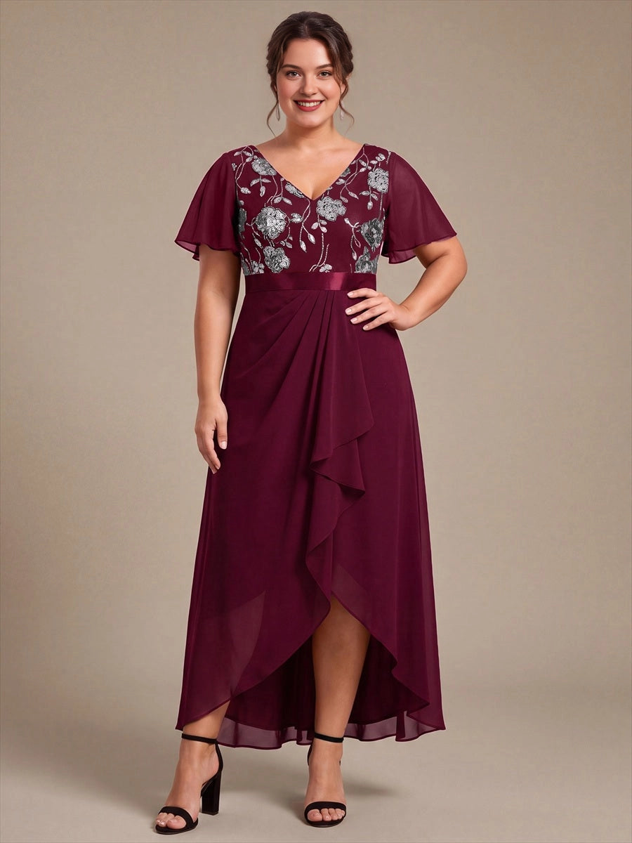Front view of burgundy embroidered V-neck high-low mother of the bride dress by roselledress
