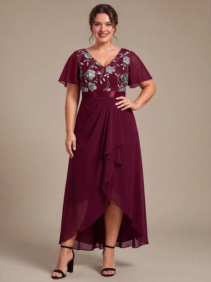 Front view of burgundy embroidered V-neck high-low mother of the bride dress by roselledress