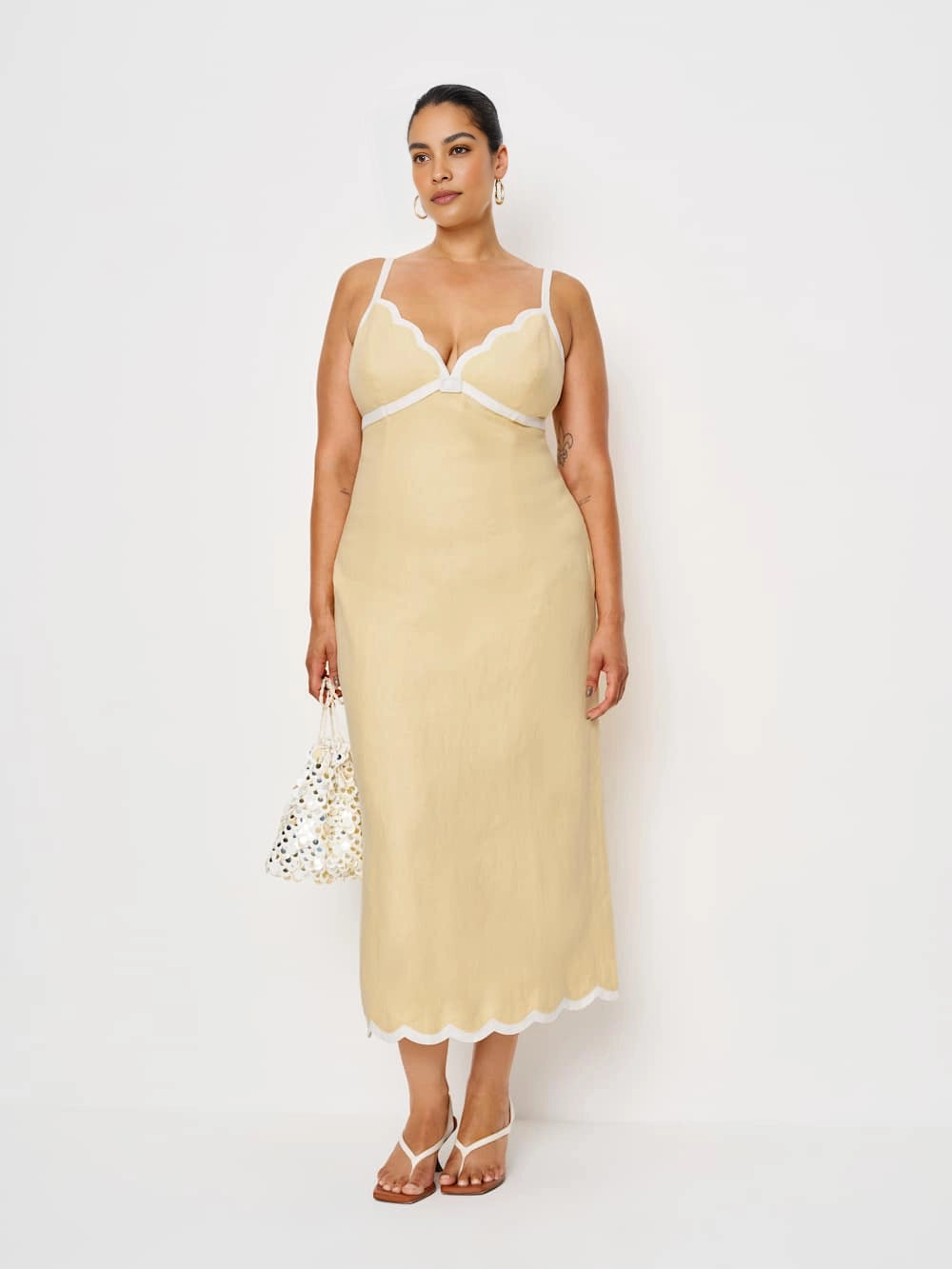 roselledress cream white plus size spaghetti strap midi dress sweetheart neck ruffle trim elegant soft wedding guest dress front view