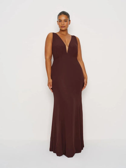 roselledress dark brown plus size deep v neck sleeveless mermaid maxi dress elegant fitted formal wedding guest gown front view