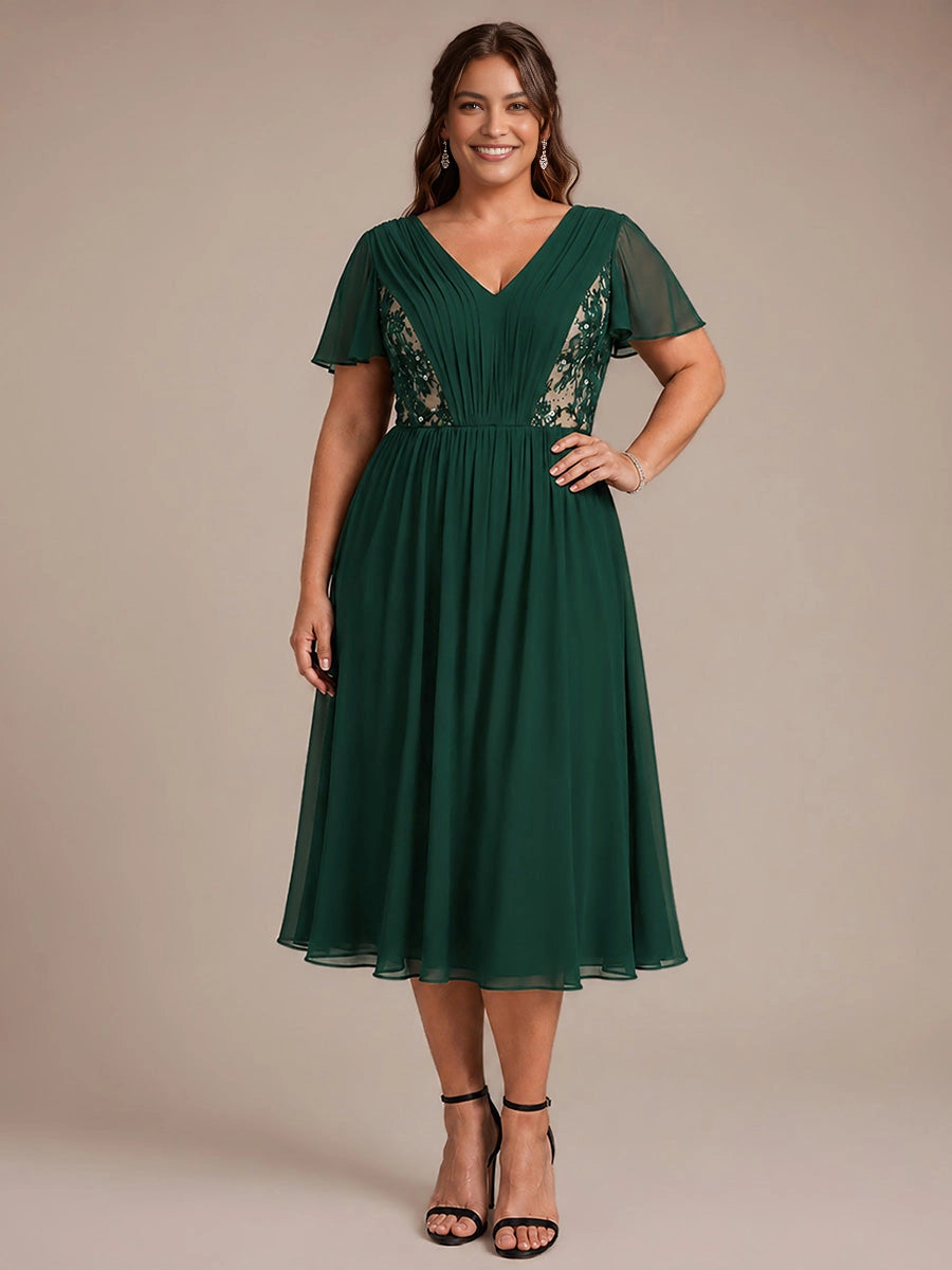 roselledress dark green plus size mother of the bride midi dress v‑neck flutter short sleeve lace sequin applique chiffon formal wedding gown front view