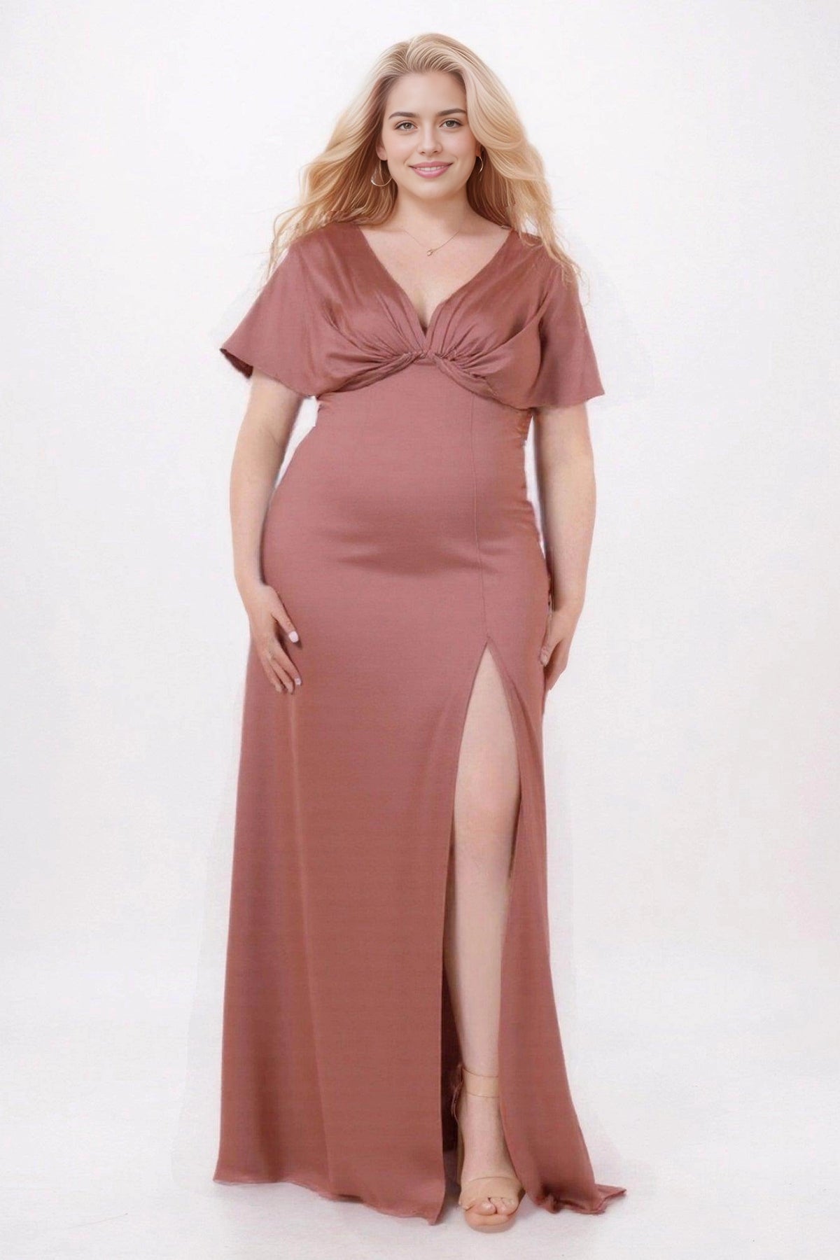 Roselledress dusty rose plus size bridesmaid dress with a twisted V neckline, flutter sleeves and a high slit long skirt.