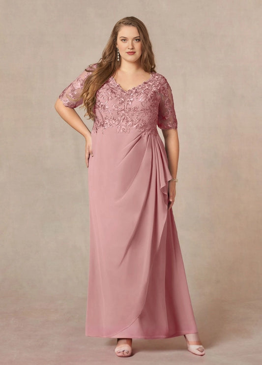 Front view of dusty rose lace V-neck short sleeve mother of the bride dress by roselledress