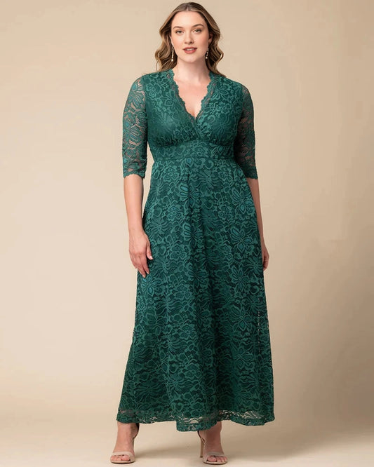 Front view of emerald green lace V-neck three-quarter sleeve midi mother of the bride dress by roselledress