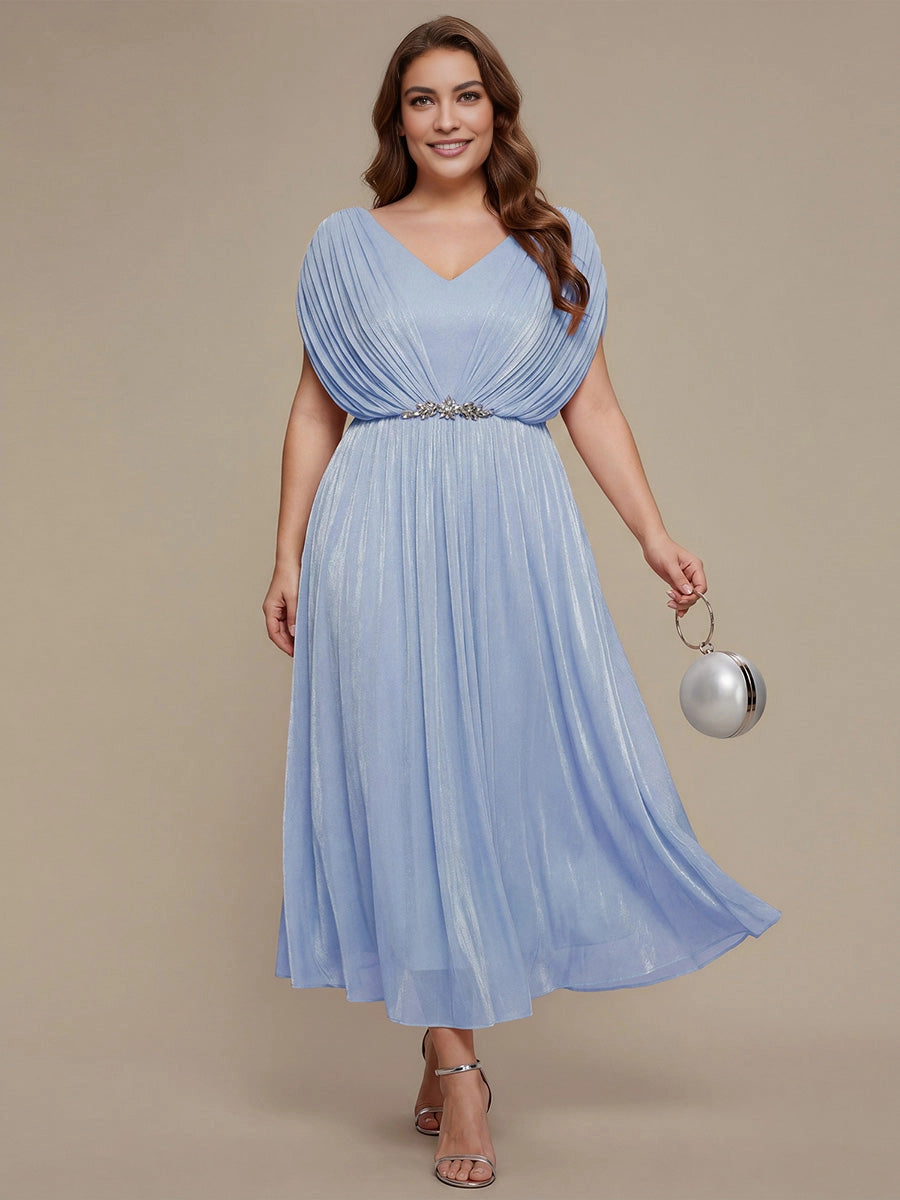roselledress ice blue plus size mother of the bride midi dress v‑neck ruched bodice crystal jewel belt a‑line skirt elegant formal gown front view