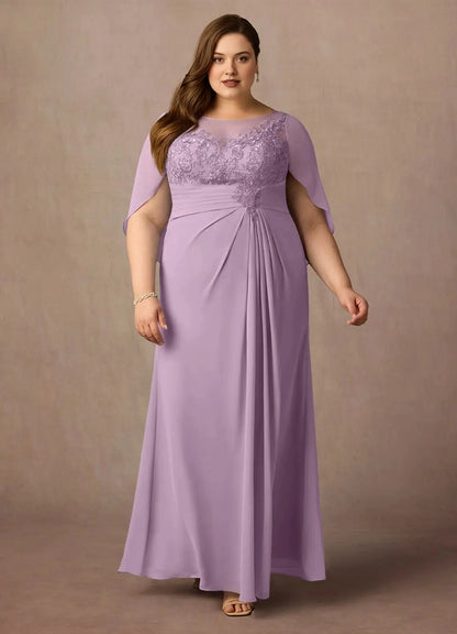 Front view of lilac illusion neck lace cape sleeve mother of the bride dress by roselledress