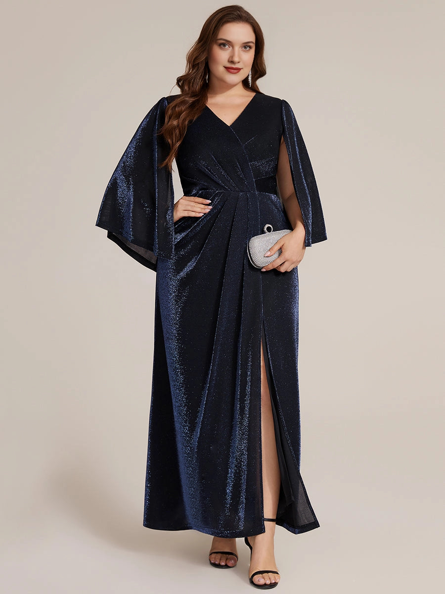 Front view of a navy V-neck cape sleeve long mother of the bride dress by roselledress