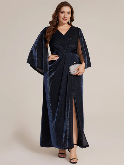 Front view of a navy V-neck cape sleeve long mother of the bride dress by roselledress