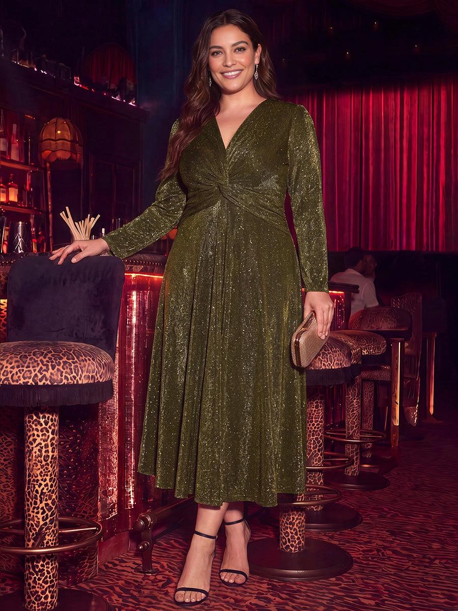 roselledress olive green plus size mother of the bride midi dress long sleeve v‑neck twist waist gold shimmer a‑line skirt elegant formal gown front view