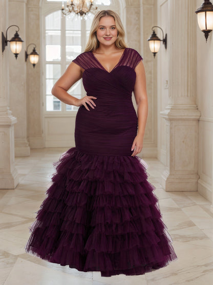 RoselleDress plum purple plus size wedding guest dress mermaid v-neck cap-sleeve ruched bodice tiered ruffle tulle gown front view floor-length formal guest dress