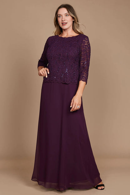 Front view of plum sequin lace three-quarter sleeve mother of the bride dress by roselledress