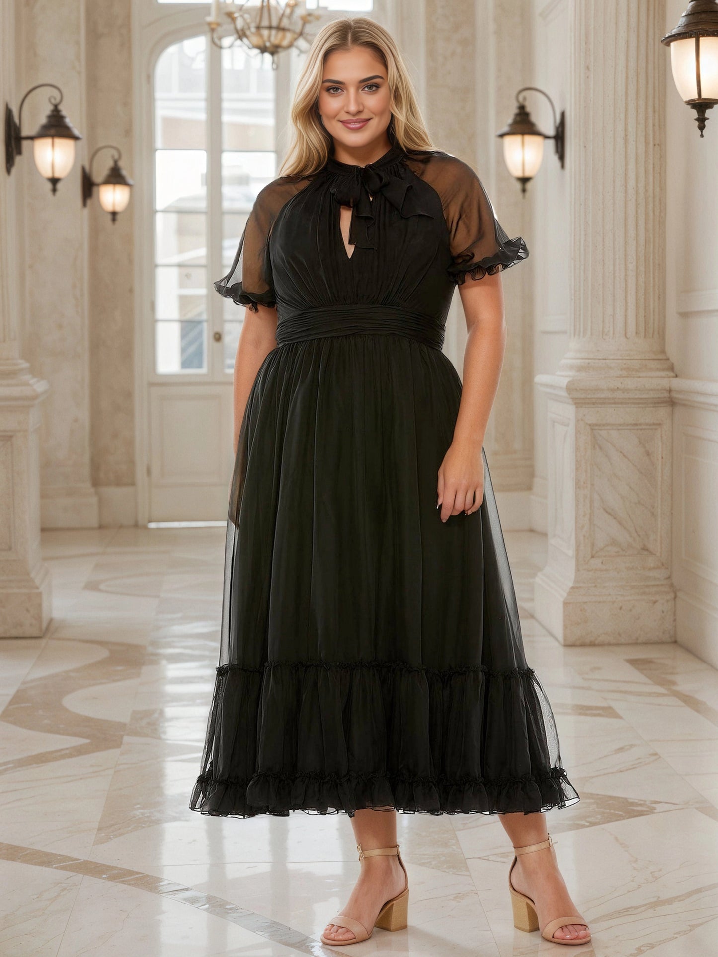 RoselleDress black tulle plus size midi wedding guest dress halter bow neck sheer flutter sleeve tiered ruffle front view