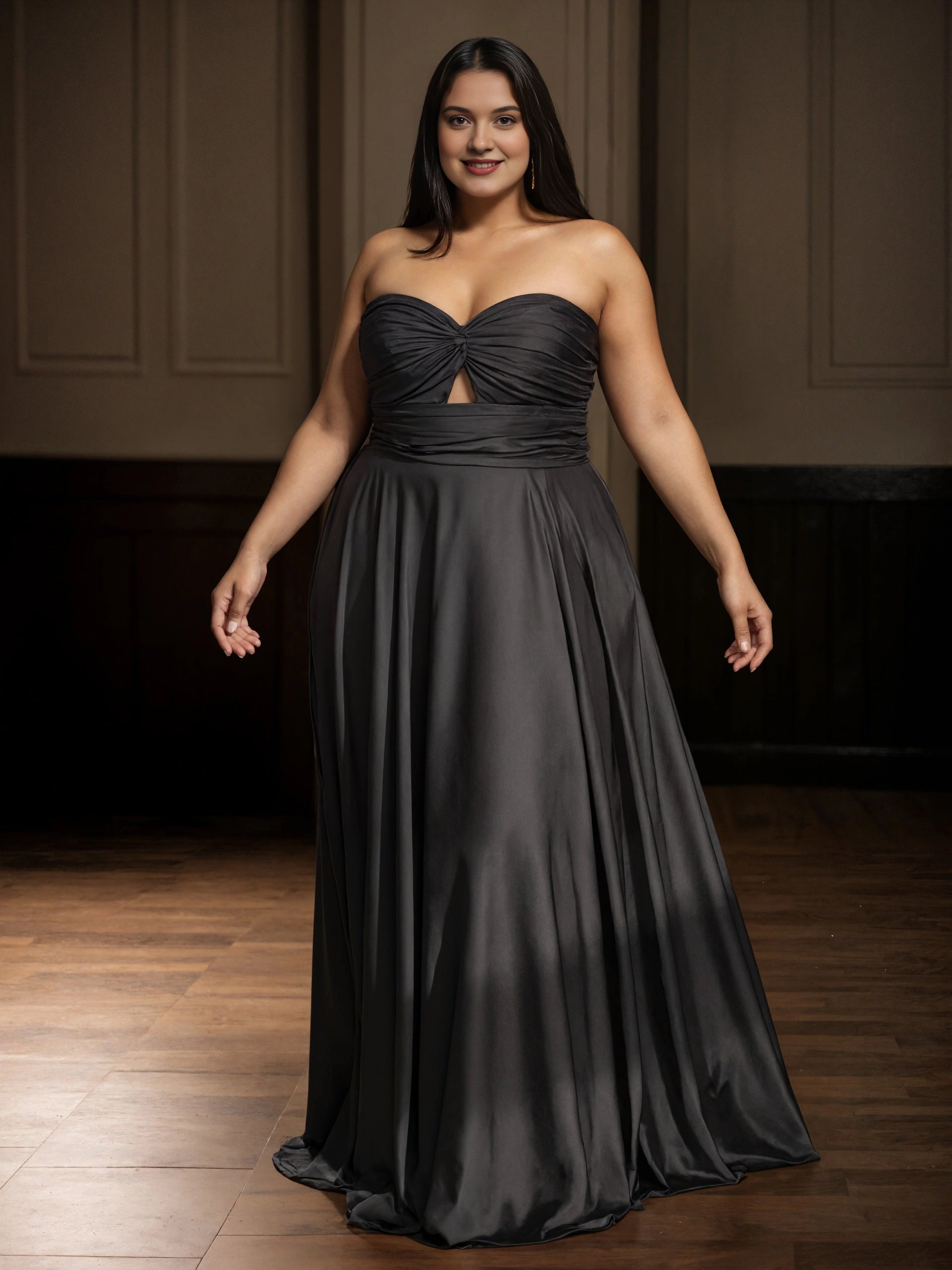 RoselleDress black satin plus size a‑line wedding guest dress sweetheart strapless twist keyhole maxi gown front view
