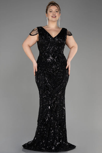 Front view of a roselledress plus size black sequin V neck beaded cap sleeve long evening dress