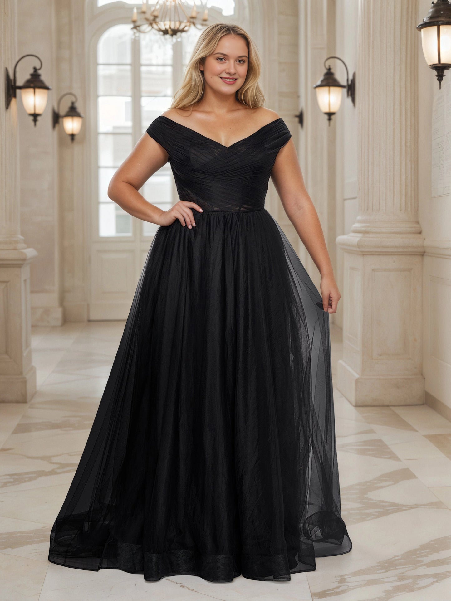 RoselleDress black tulle plus size a‑line wedding guest dress off‑the‑shoulder pleated bodice maxi gown front view