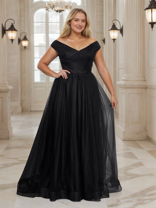 RoselleDress black tulle plus size a‑line wedding guest dress off‑the‑shoulder pleated bodice maxi gown front view