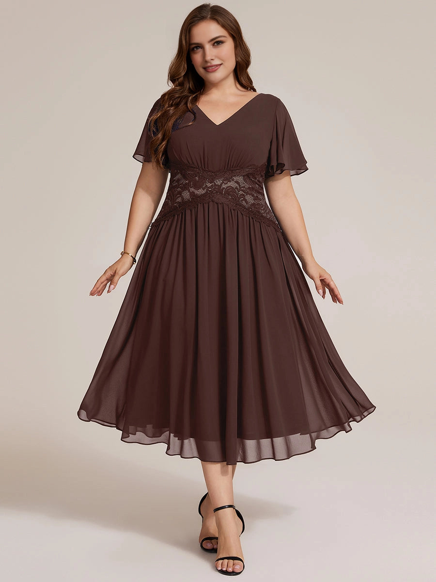 Roselle Dress plus size dark brown mother of the bride dress, v-neck flutter short sleeve, lace waist chiffon midi gown front view