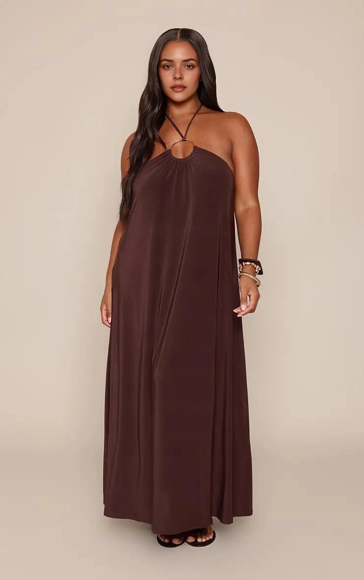 Roselledress plus size flowy a‑line halter sleeveless open back maxi wedding guest dress front view dark brown