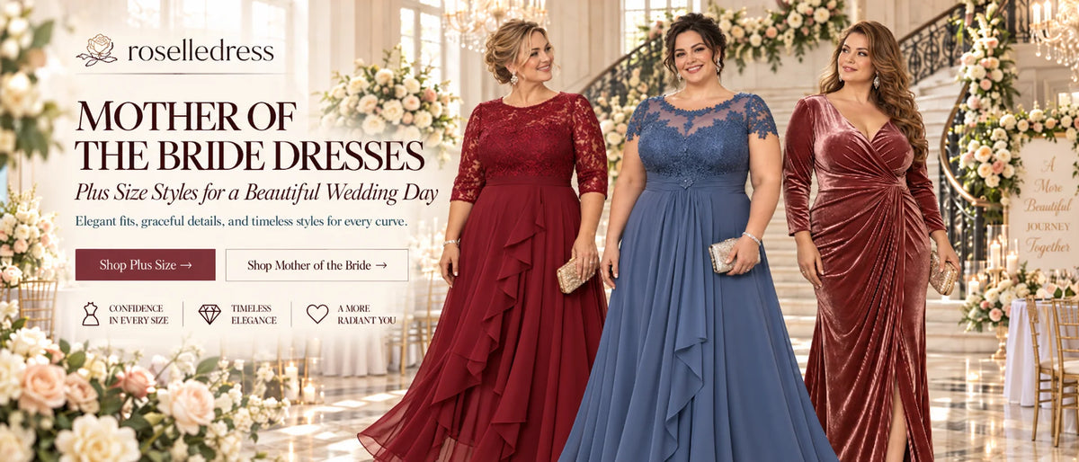 Roselledress plus size mother of the bride dresses featuring three elegant floor length gowns in burgundy, dusty blue and rose velvet at a wedding venue.