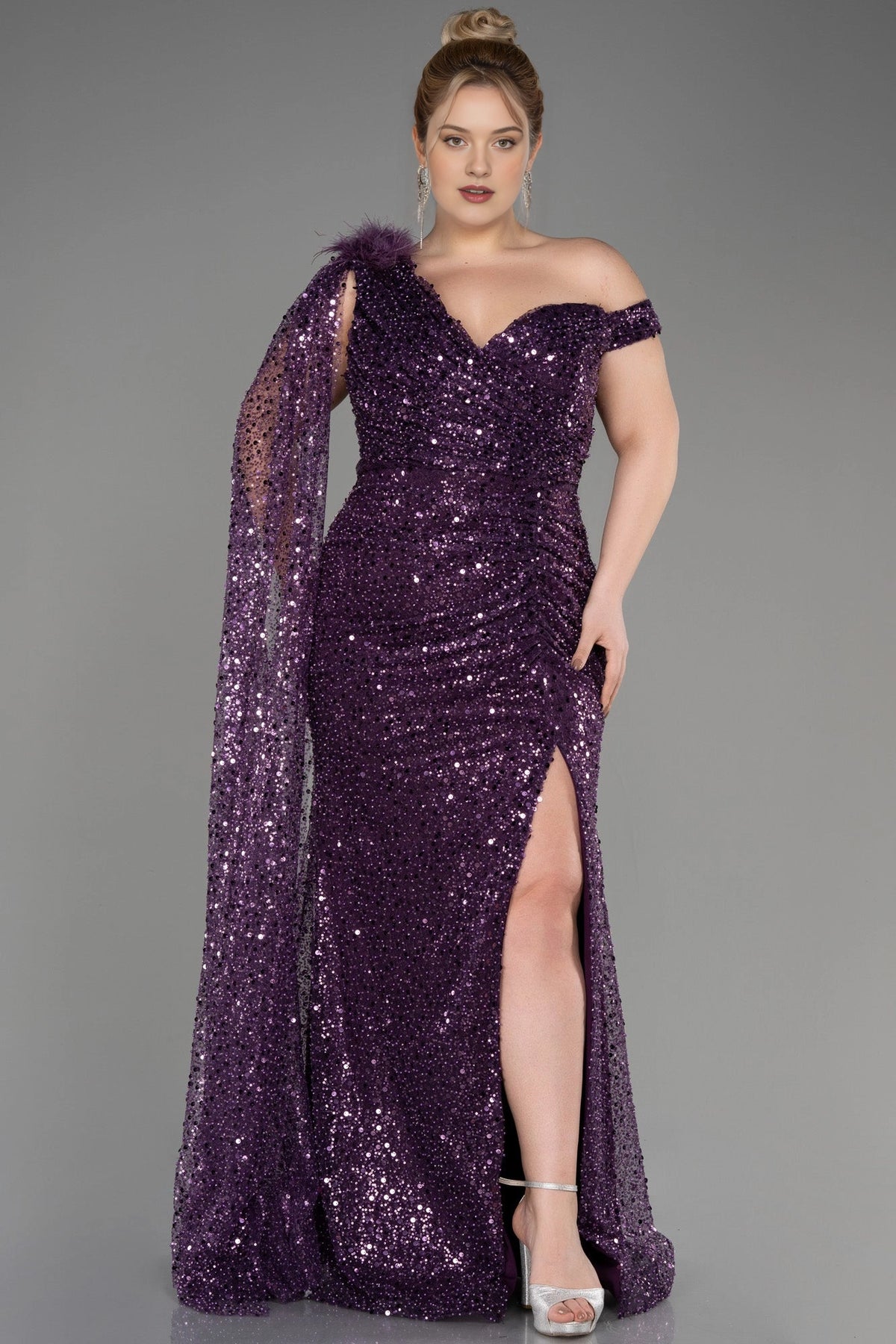 Front view of a roselledress plus size plum purple one sleeve sequin mermaid evening dress with high slit