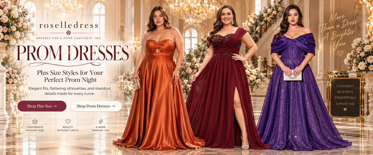 Roselledress plus size prom dresses featuring three elegant floor length gowns in copper, burgundy and purple in a grand ballroom.