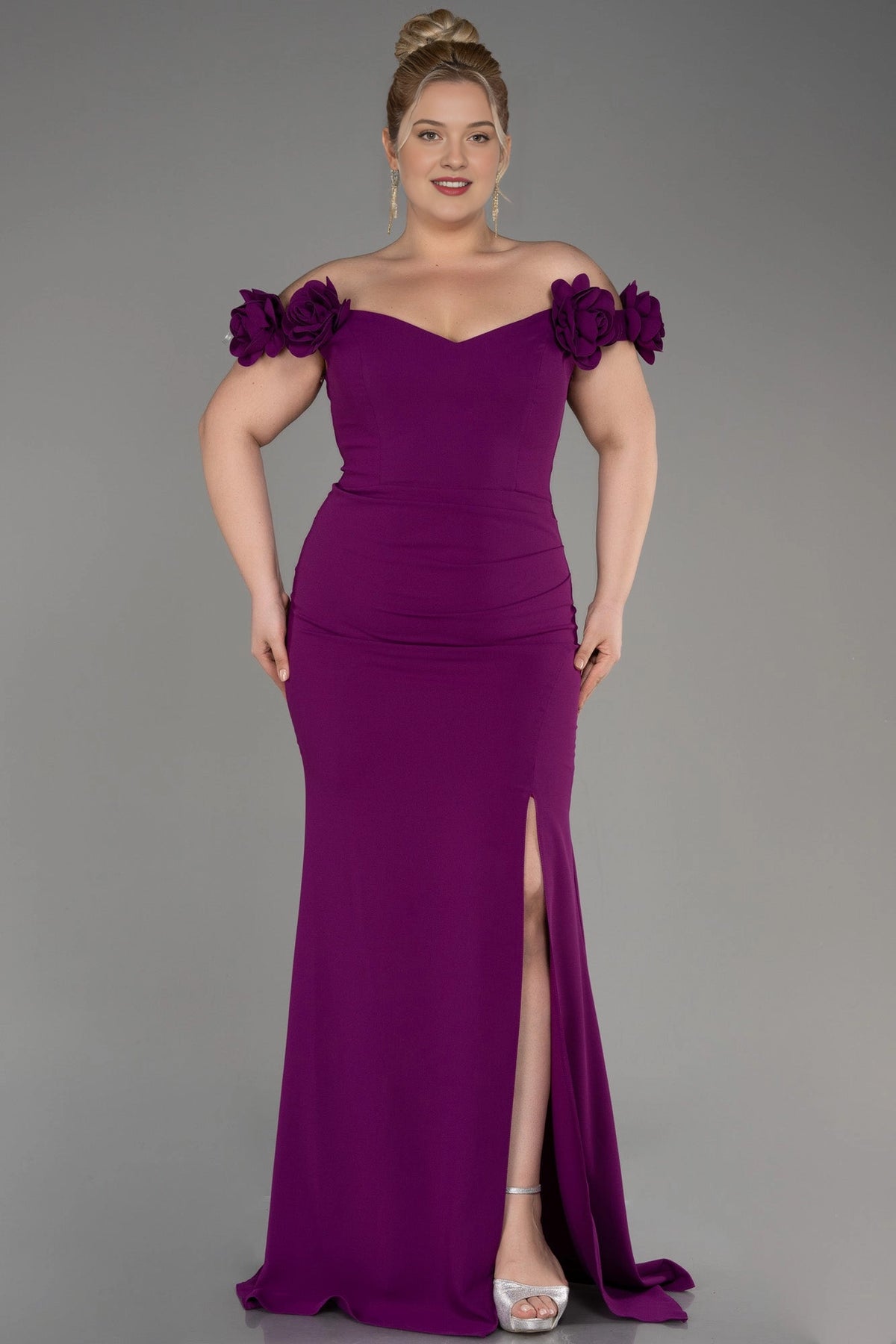 Front view of a roselledress plus size purple off shoulder floral sleeve mermaid evening dress with front slit